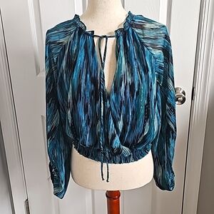 Peach Love Ruffle V Neck Gathered Waist Sparkle Holiday Size M Green Teal Black